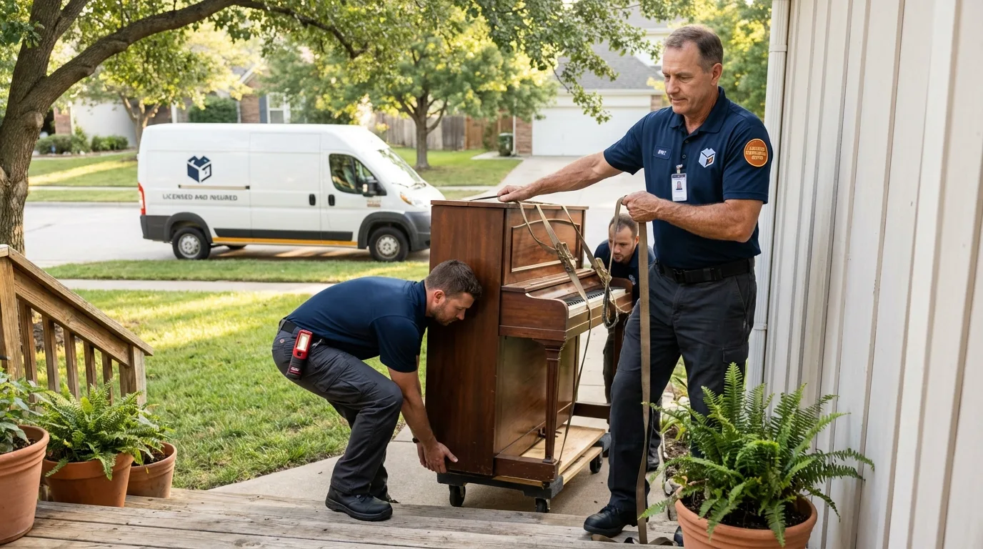 Licensed piano movers securing grand piano in Pender, NE